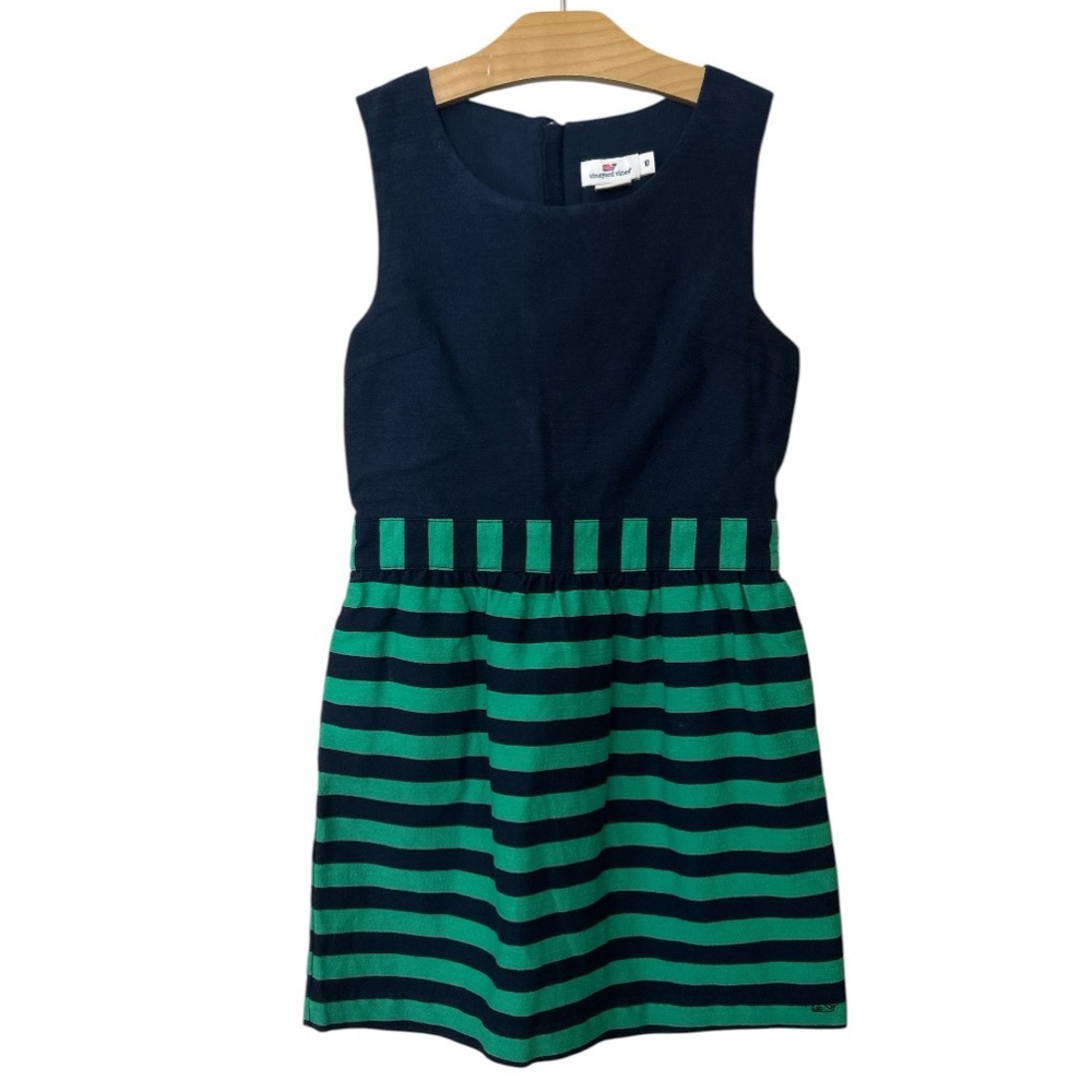 Vineyard Vines Sleeveless Navy Blue Green Stripes Dress Preppy
